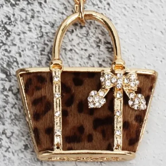 🆕️ Golden Leopard Pattern HandBag Rhinestone Keychain Purse Charm ~ Gift Glam